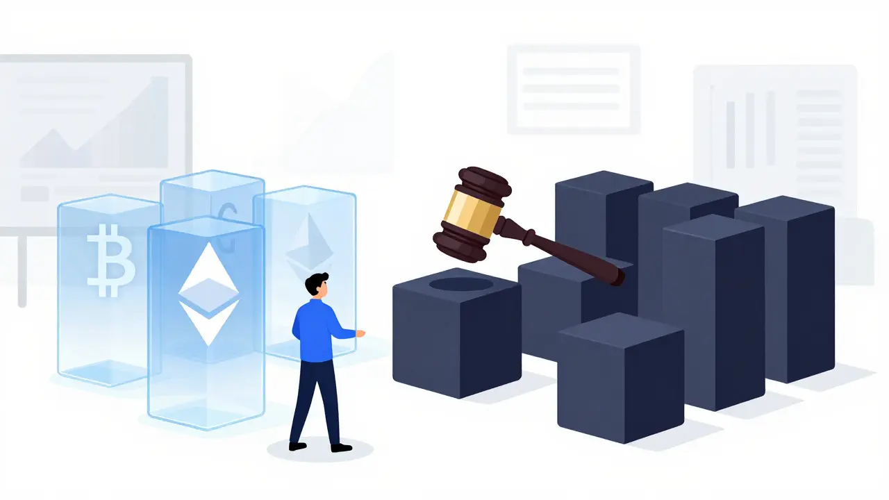 Cartoon depiction of transparent vs opaque cryptocurrencies being judged by regulators.