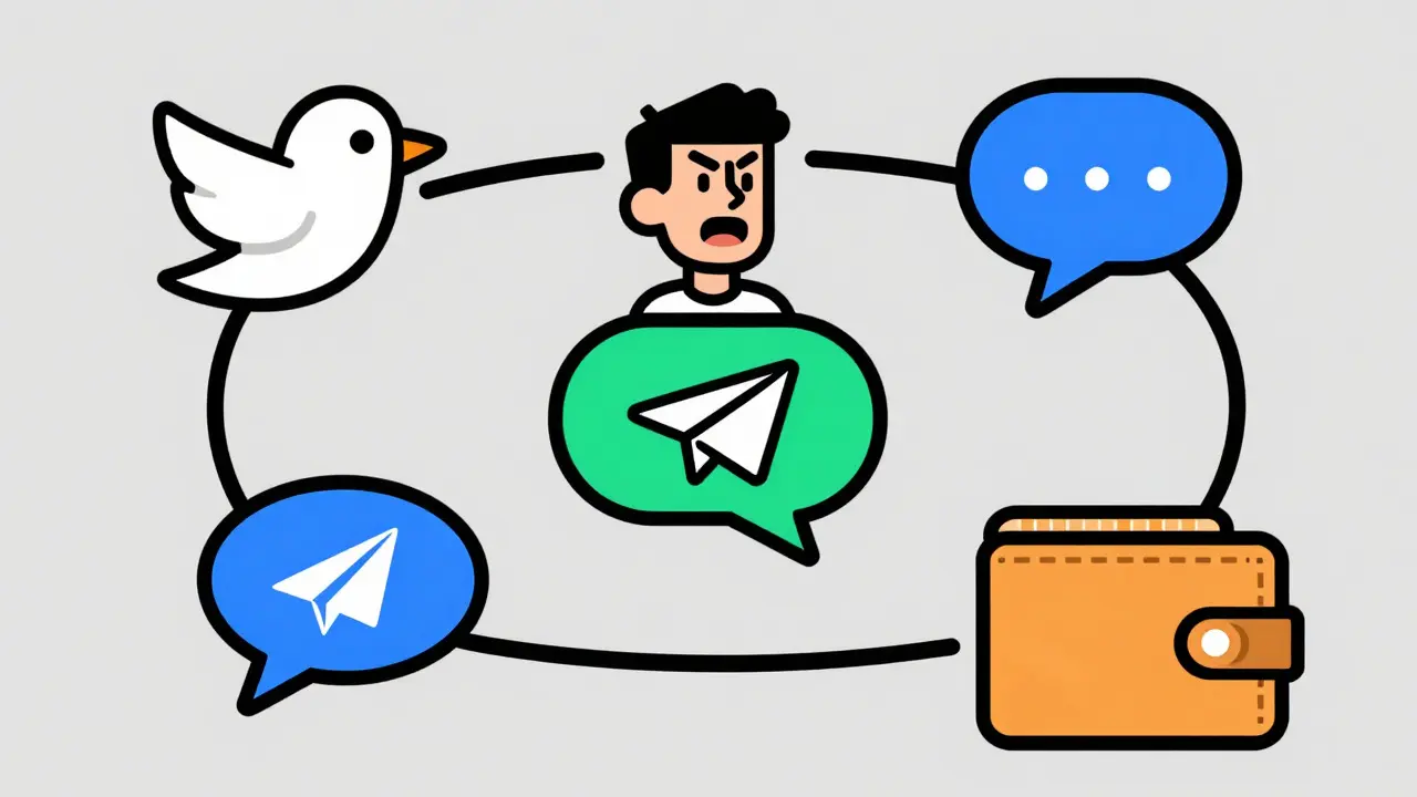 Cartoon figure navigating social media icons in a checklist flow