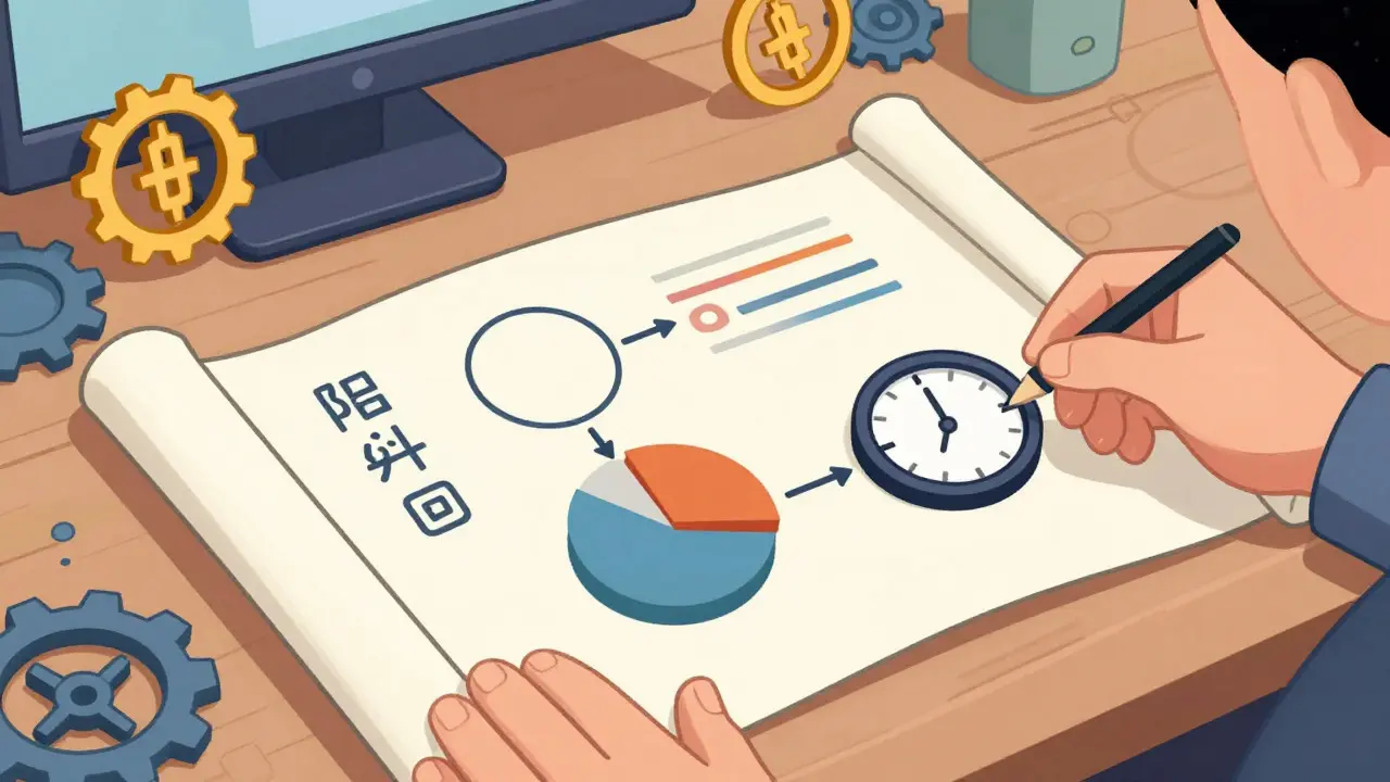 Cartoon hands arranging abstract diagram components on an unrolled blueprint scroll