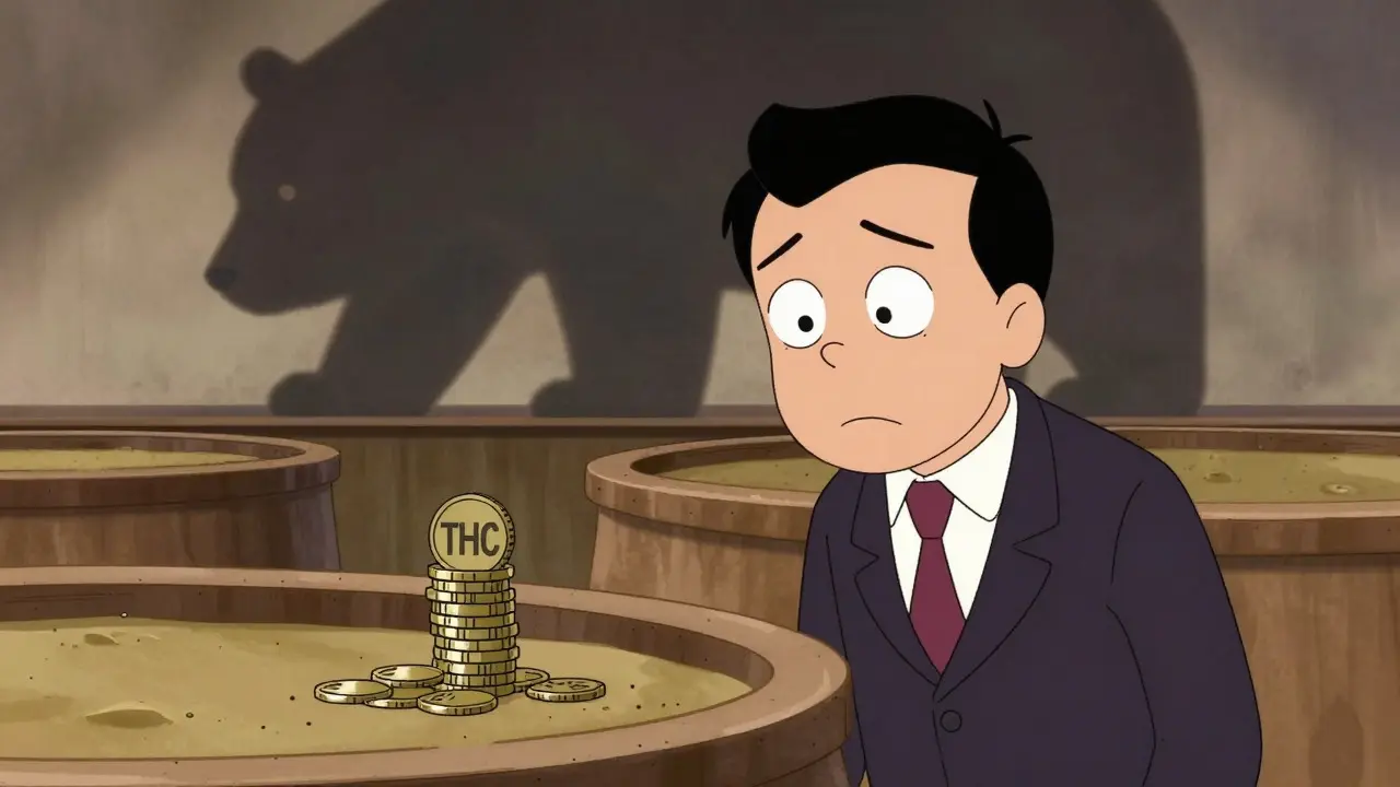Cartoon investor looking at tiny coins with a bear market shadow in UPA style