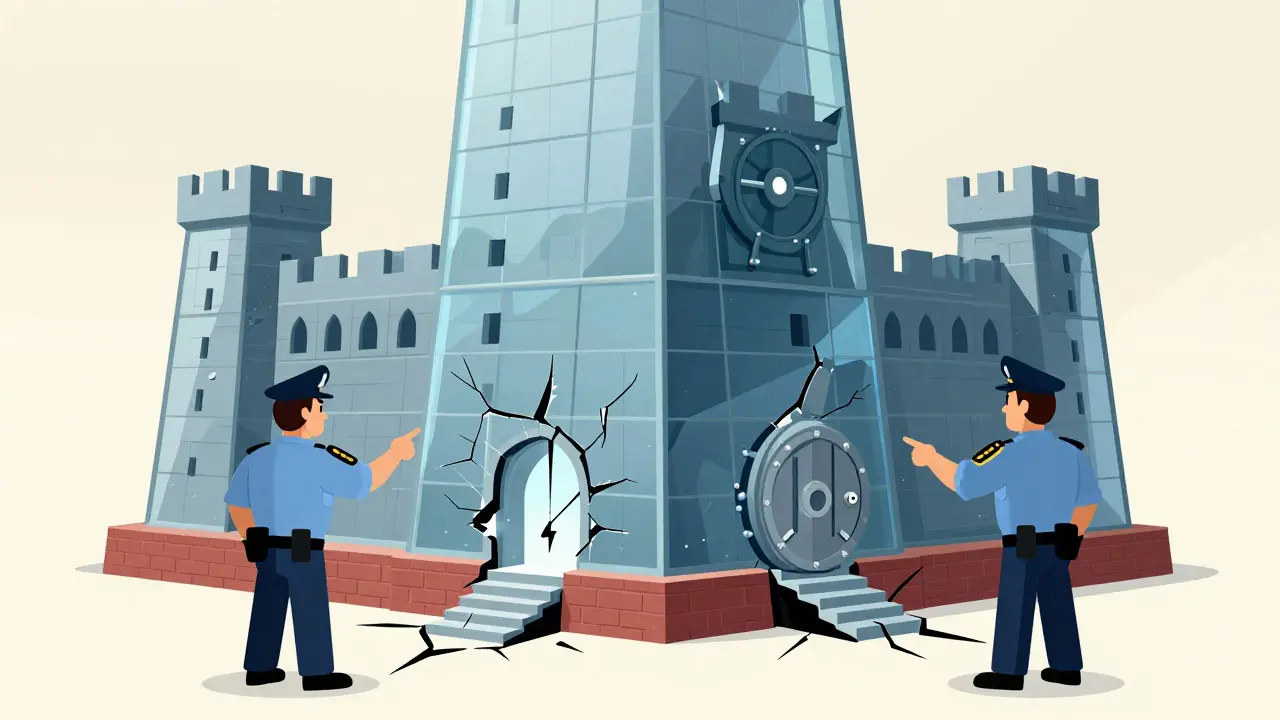 Cartoon of a cracking fortress with regulators inspecting structural flaws