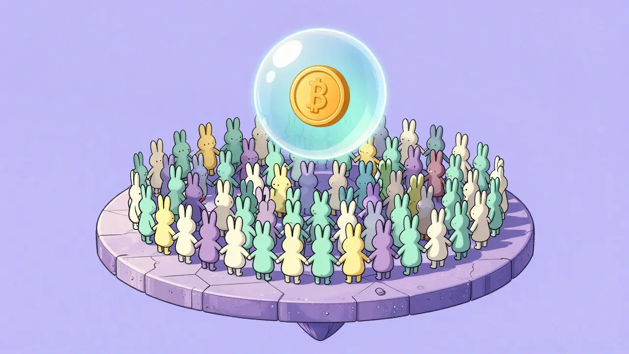 Cartoon showing a large community of bunnies supporting a floating coin on a platform