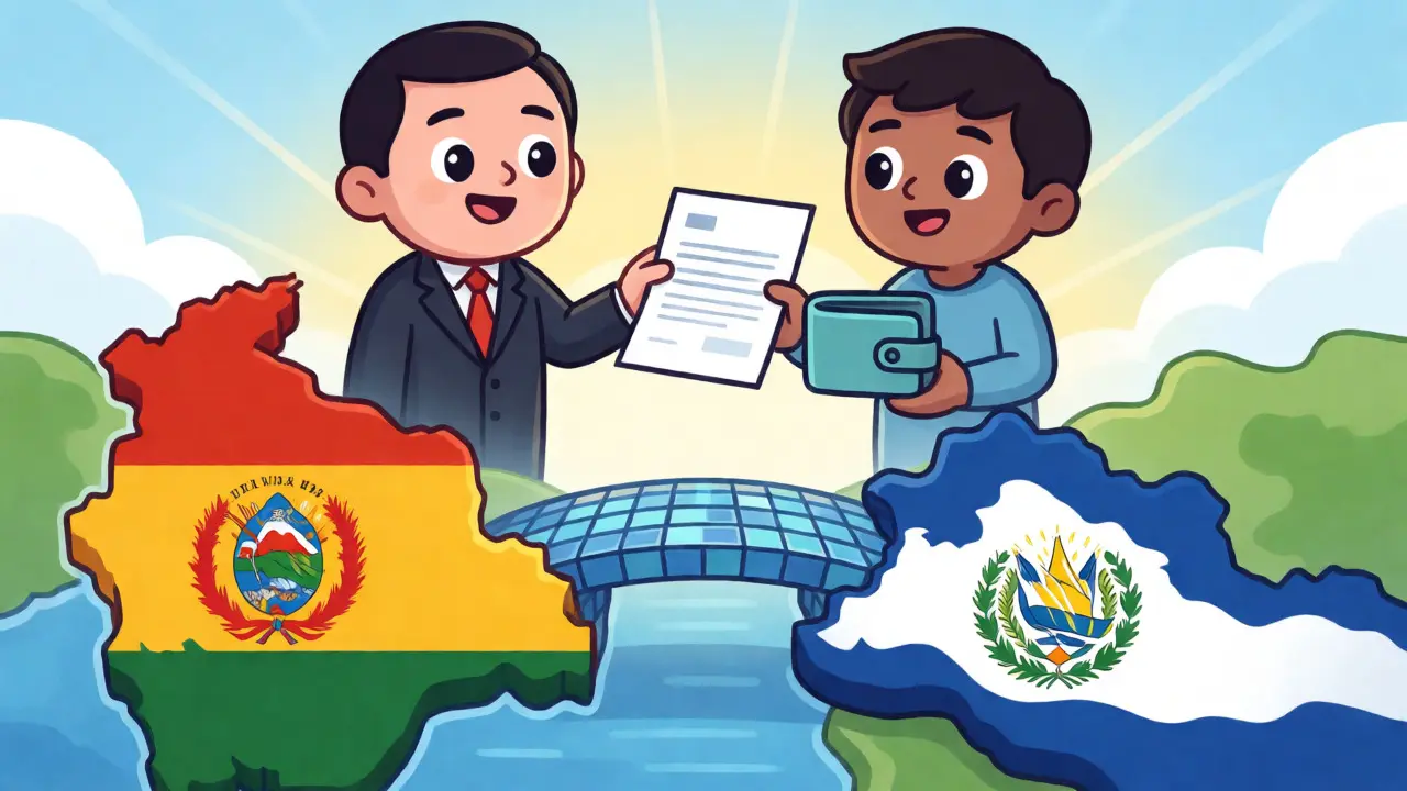 Cartoon showing Bolivia and El Salvador cooperating on crypto rules