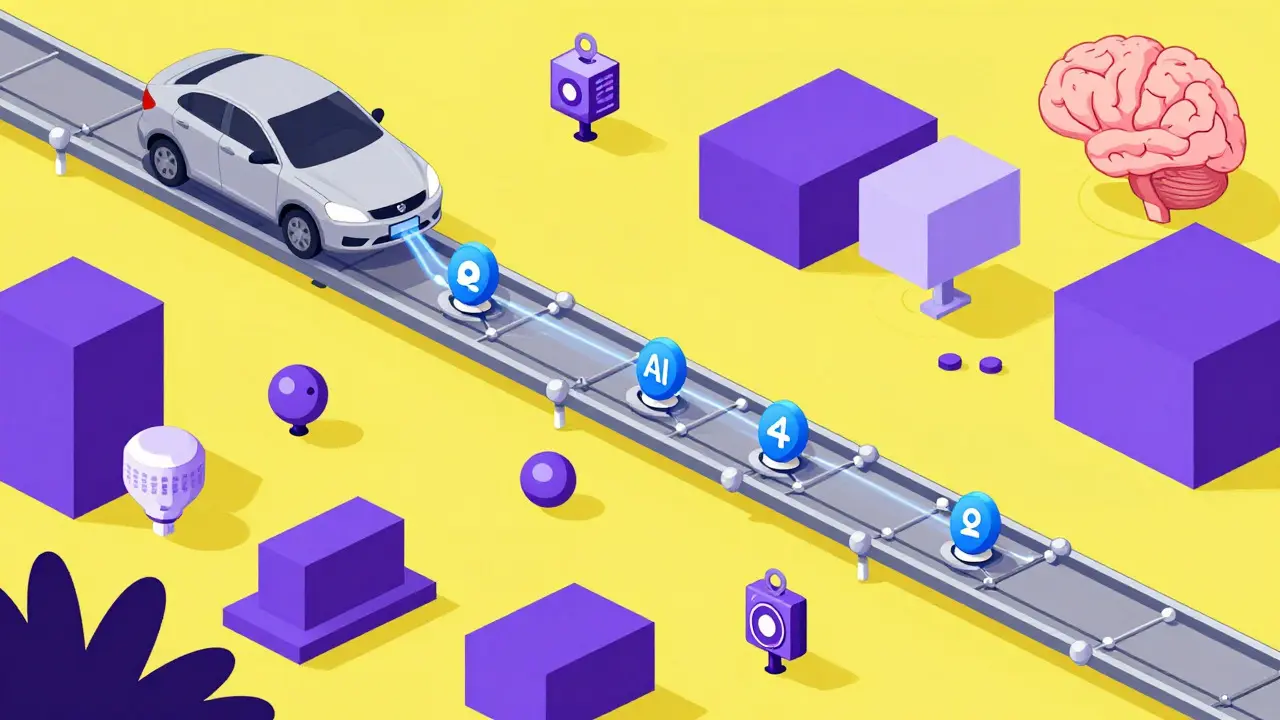 Cartoon showing digital tokens flowing through a blockchain network with AI elements