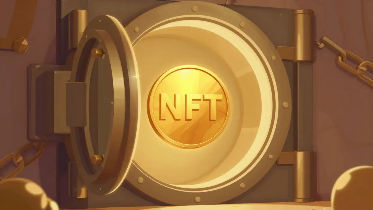Cartoon vault opening to reveal a glowing golden NFT token in UPA style