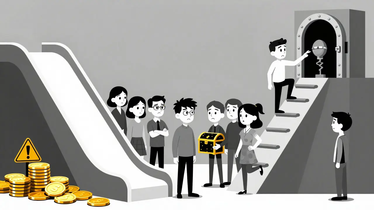 Characters choosing between easy rewards and secure storage