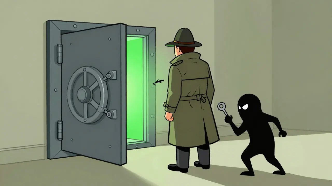 Detective guarding a vault while a shady figure attempts to sneak in