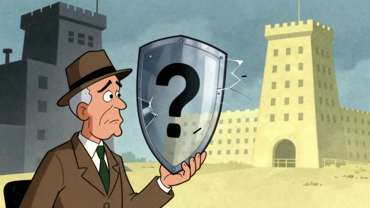 Detective inspecting a cracked shield symbolizing lack of regulation