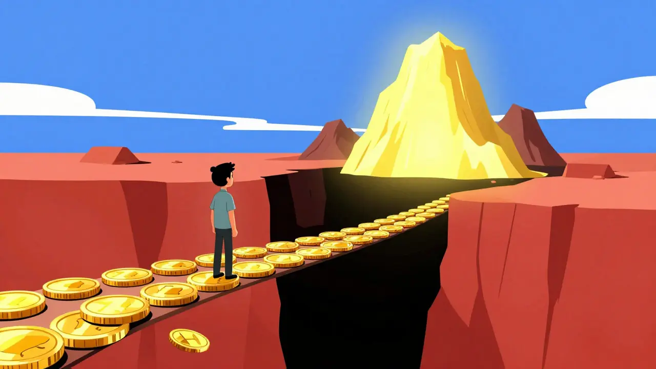 Figure on fragile coin bridge facing risky crypto mountain peak