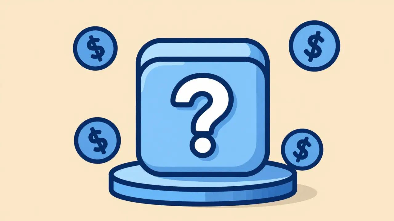 Flat design cartoon of a mystery loot box surrounded by floating currency symbols