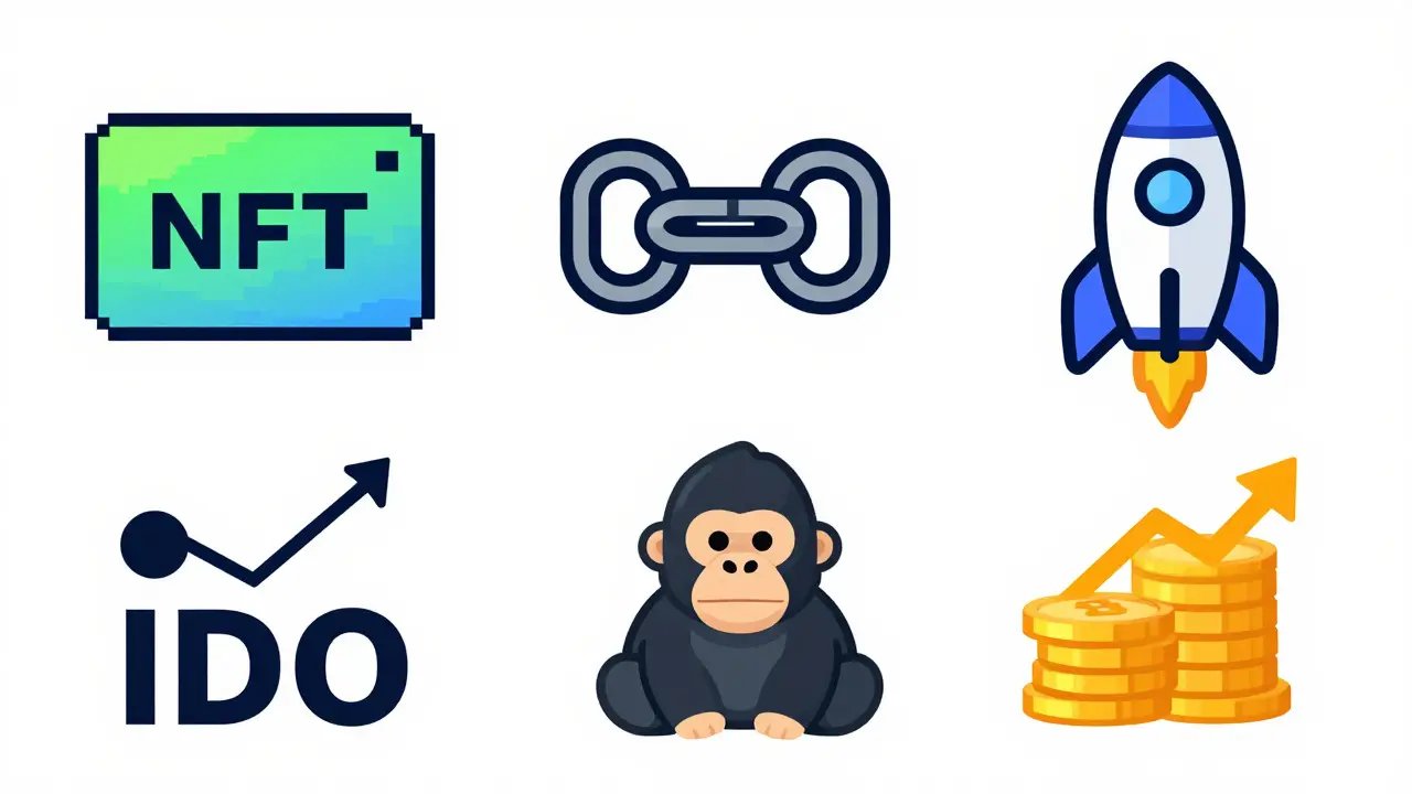 Four icons showing NFTs, swaps, launchpad, and staking features