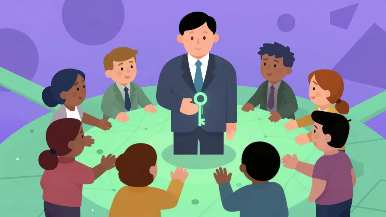 Graphic of a central figure with a key token surrounded by users.