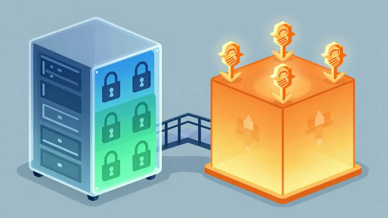 Hybrid blockchain diagram with private servers and public hash anchors