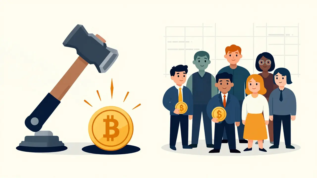 Illustration comparing mining hammer action with a group of staking validators