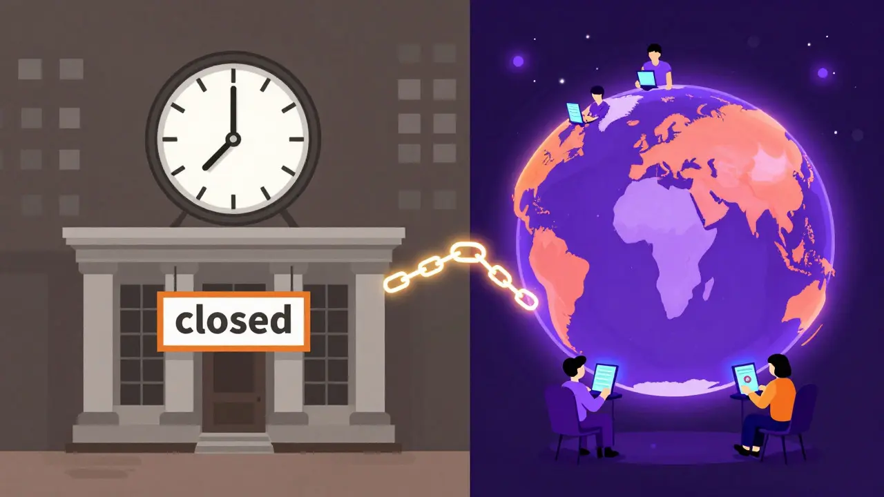 Illustration contrasting closed stock markets with active 24/7 global crypto trading networks