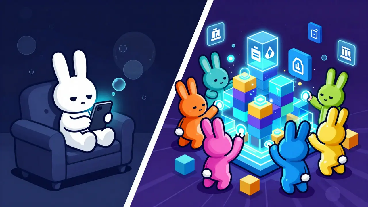 Illustration contrasting passive phone tapping with active digital construction by rabbits