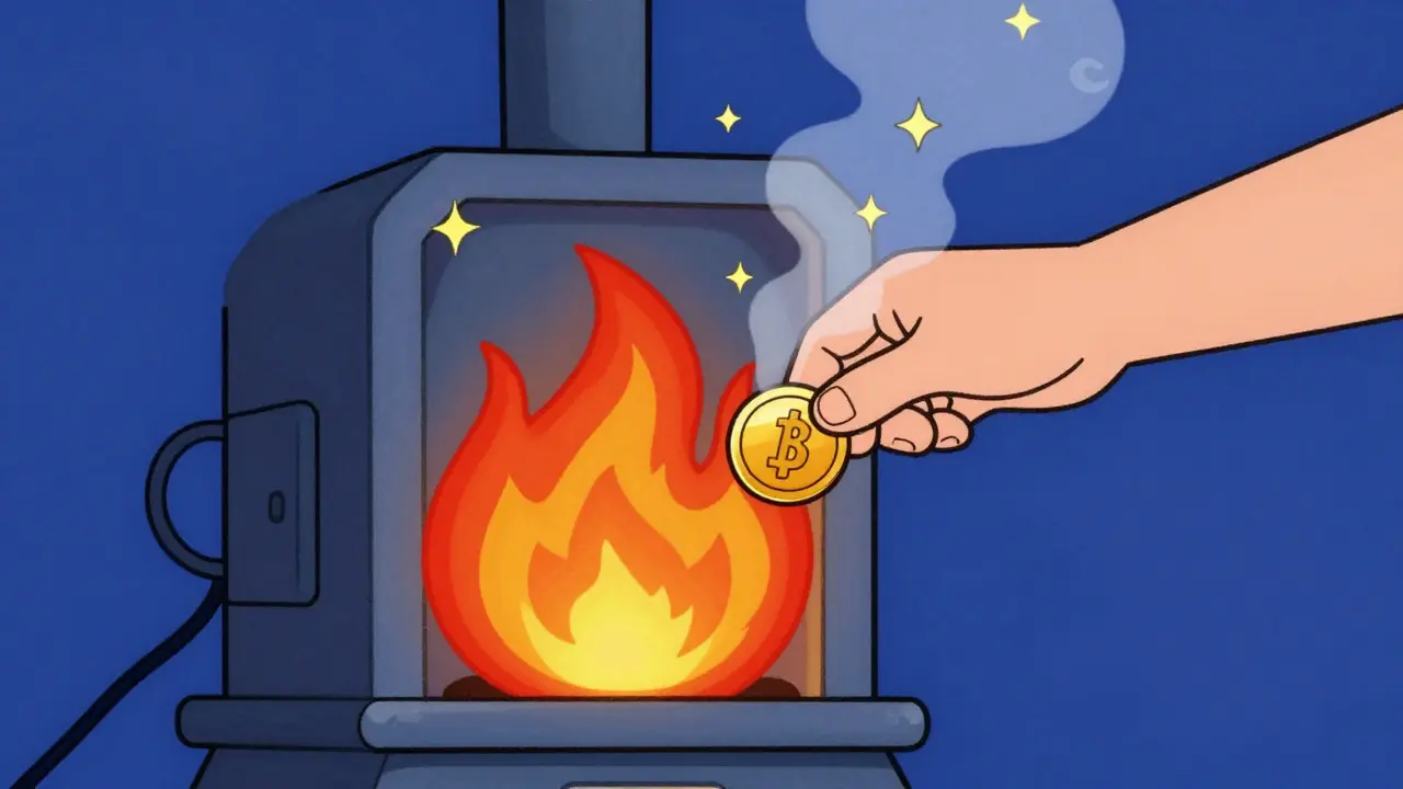 Illustration of a token being burned in a furnace to reduce supply.