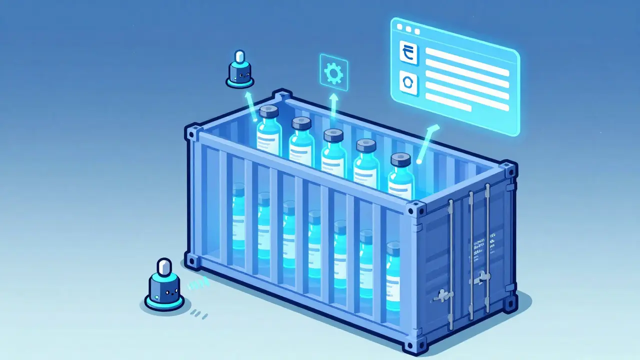 Illustration of a vaccine container with IoT sensors and a digital ledger in UPA style
