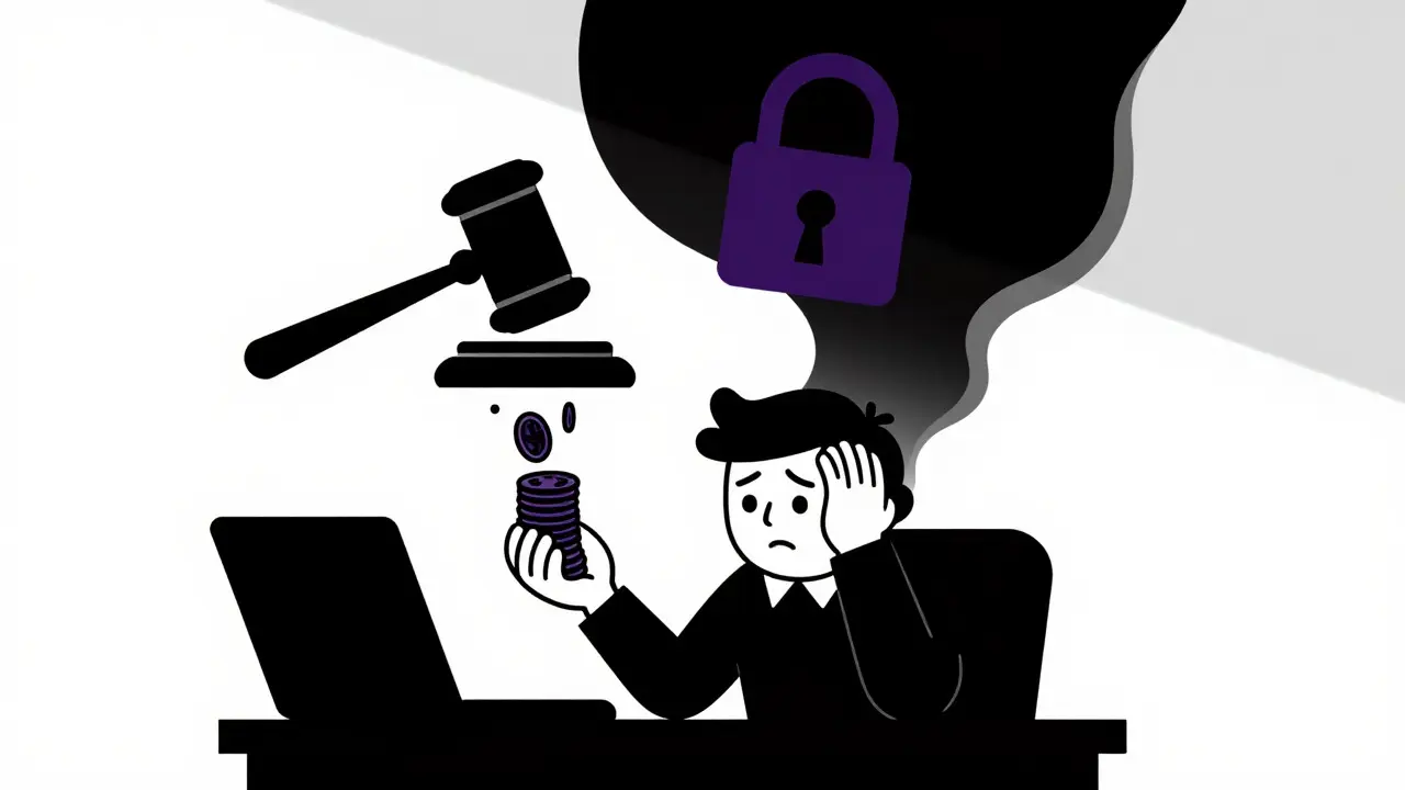 Illustration of a worried person losing coins to an ominous legal shadow