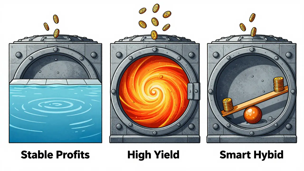 Illustration of three stylized vaults representing different DeFi risk levels in UPA style