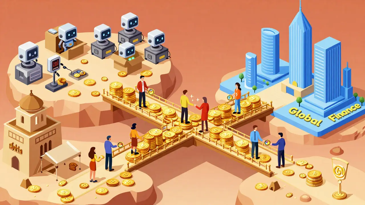 Isometric cartoon showing a coin bridge connecting Syria and global finance with characters trading