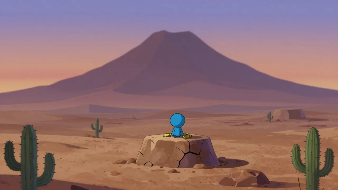 Lonely blue coin character on a dusty pedestal in a twilight desert, UPA style