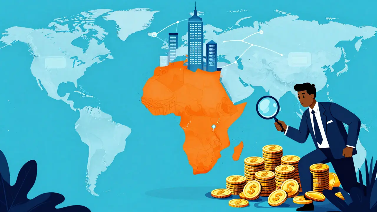 Nigeria highlighted on map with rising tech buildings, UPA style