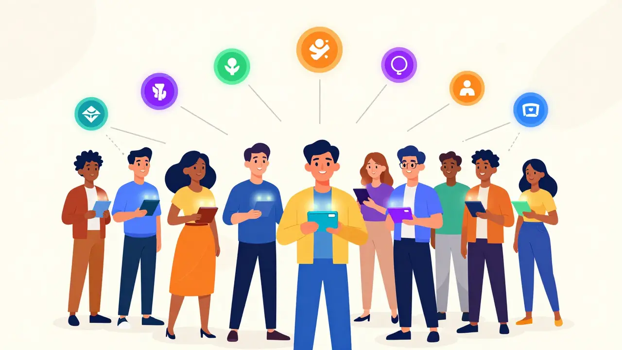 People with glowing wallets and floating identity tokens, UPA style