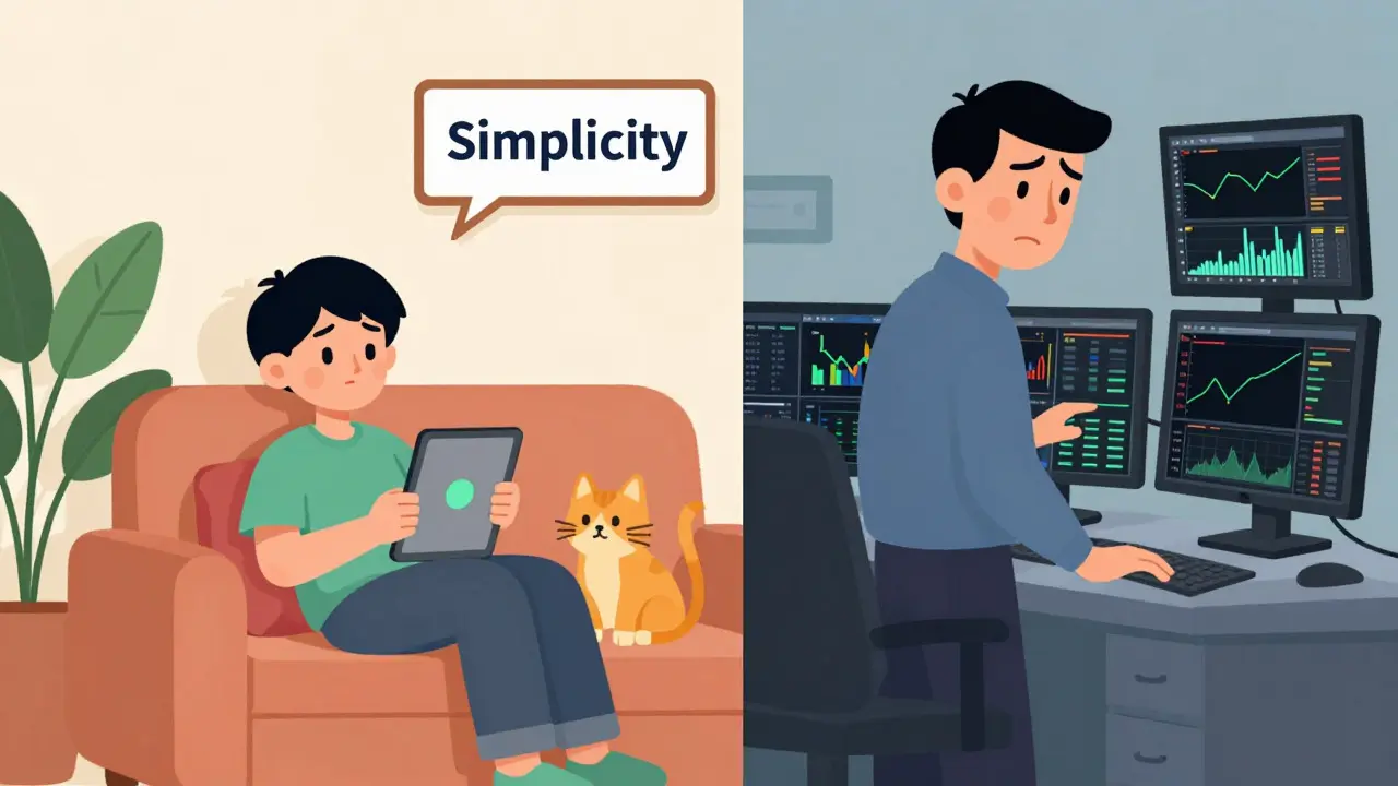 Relaxed beginner vs frustrated pro trader highlighting platform simplicity