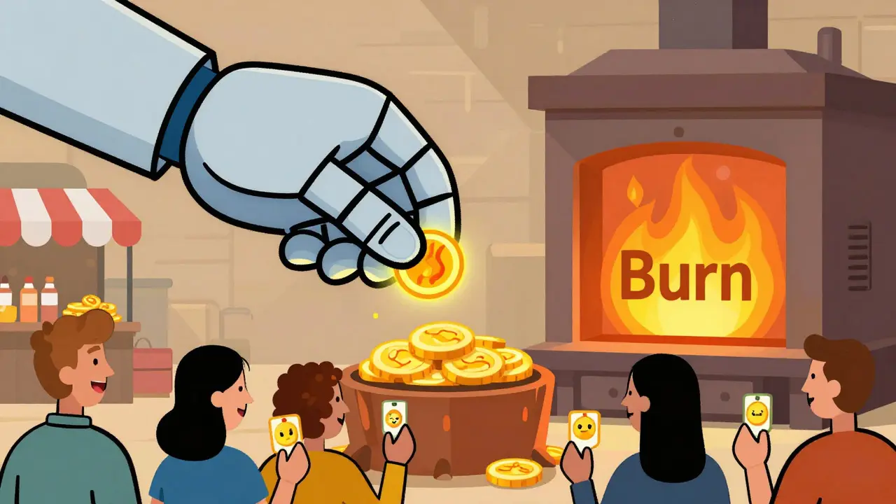 Robotic hand burning coins in a furnace to reduce supply