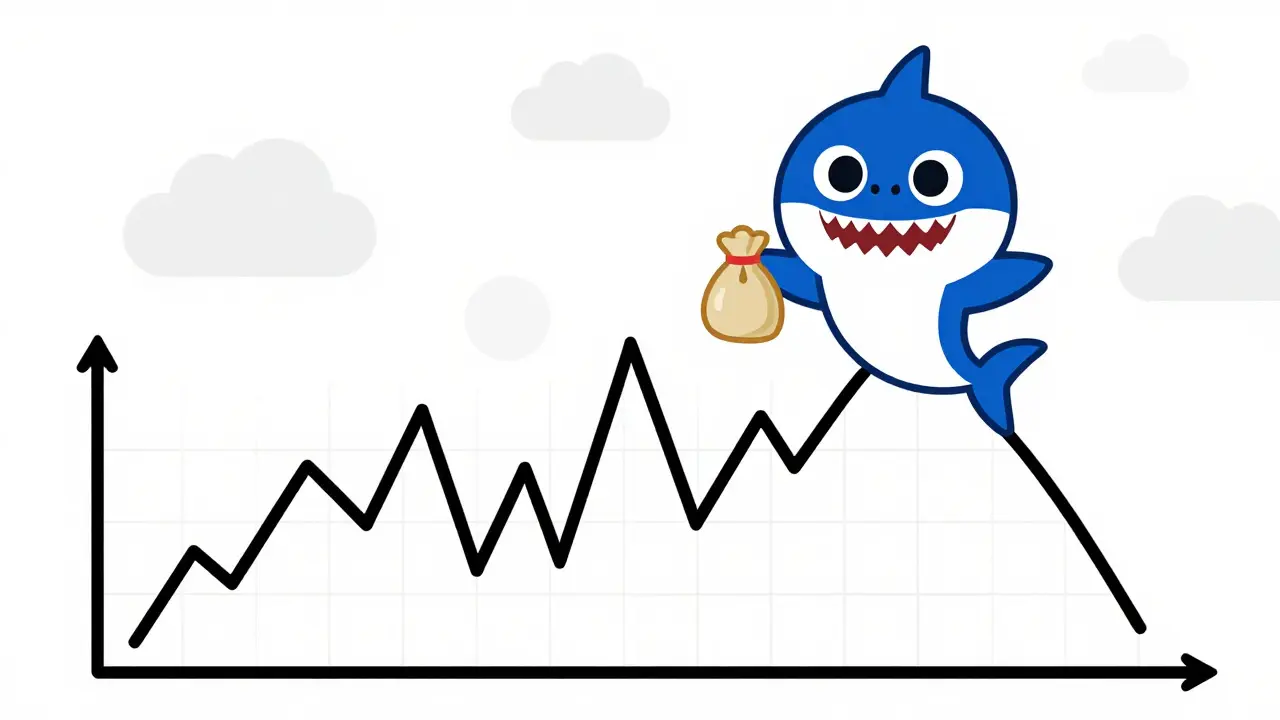 Shark character on volatile graph line symbolizing crypto market risks