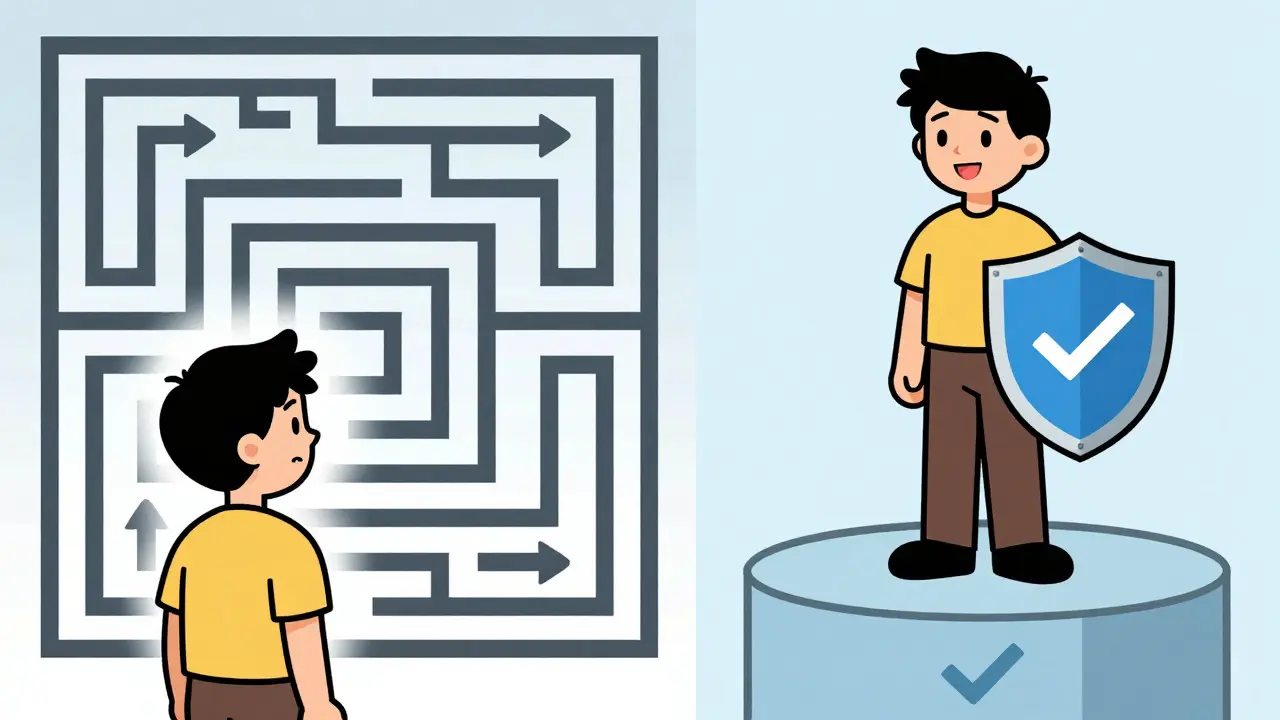 Split scene contrasting confusing maze with secure trading platform