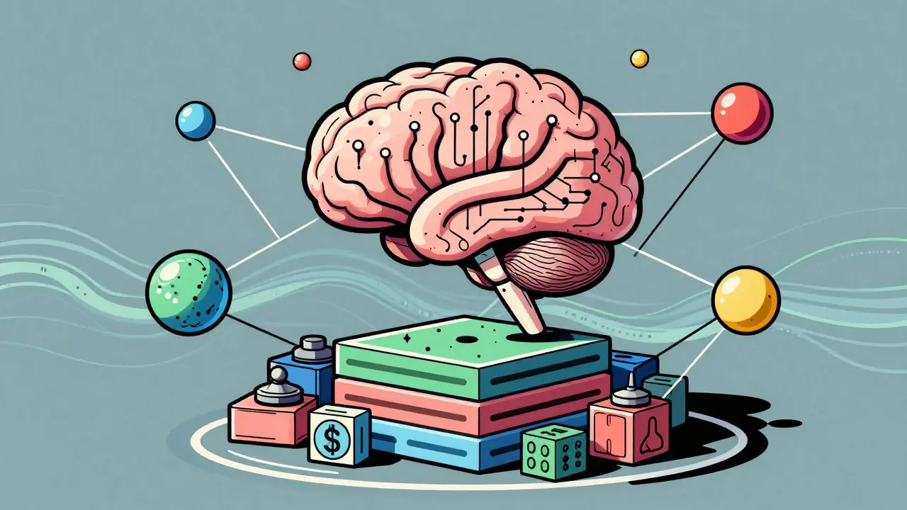 Stylized brain on blocks surrounded by network nodes in UPA cartoon style