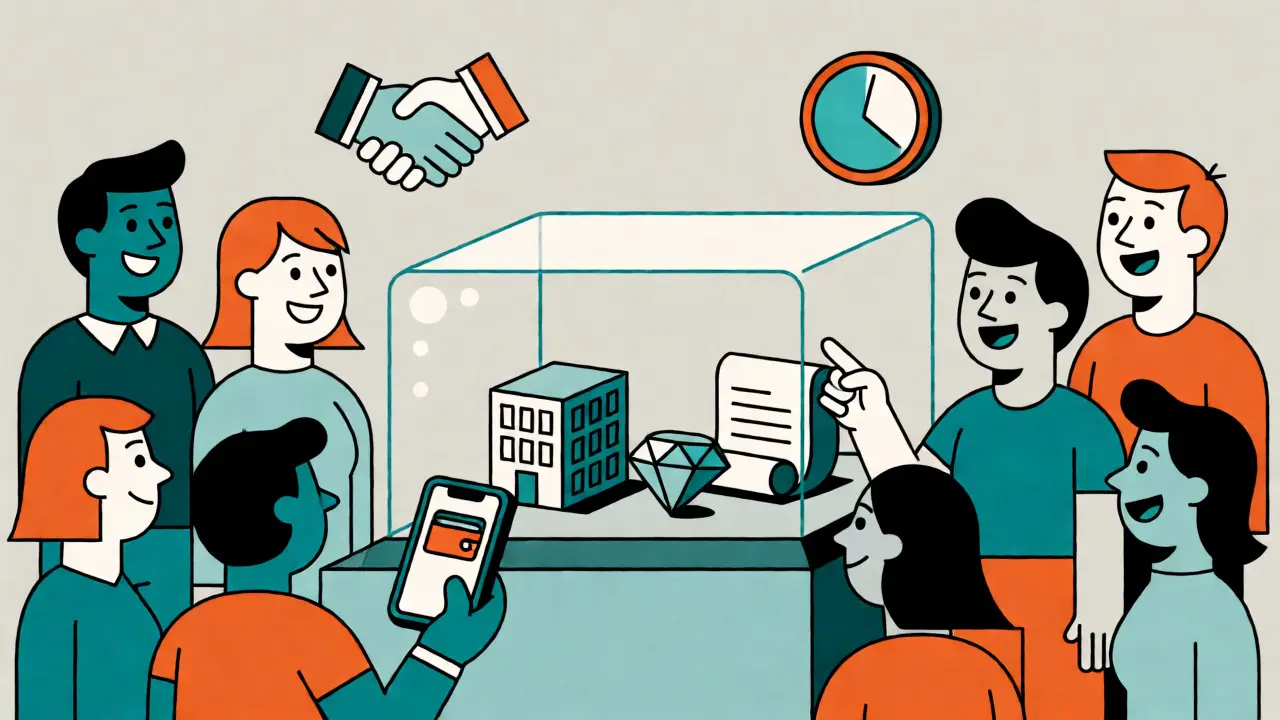 Stylized characters viewing valuable assets inside a transparent digital vault