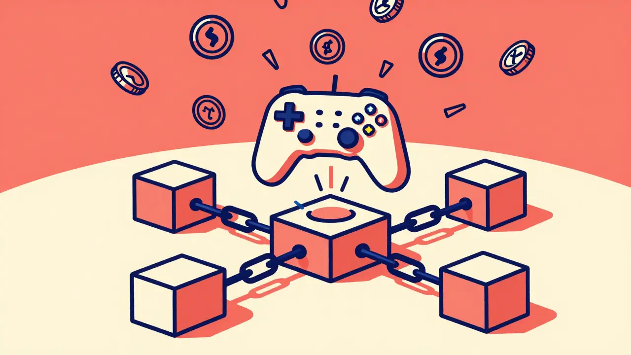 Stylized illustration of a game controller distributing tokens over a blockchain