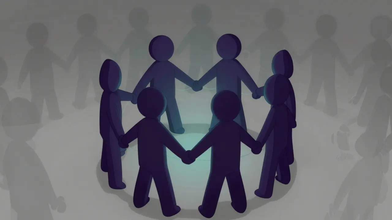 Stylized illustration of a small exclusive group connected by glowing lines in a circle