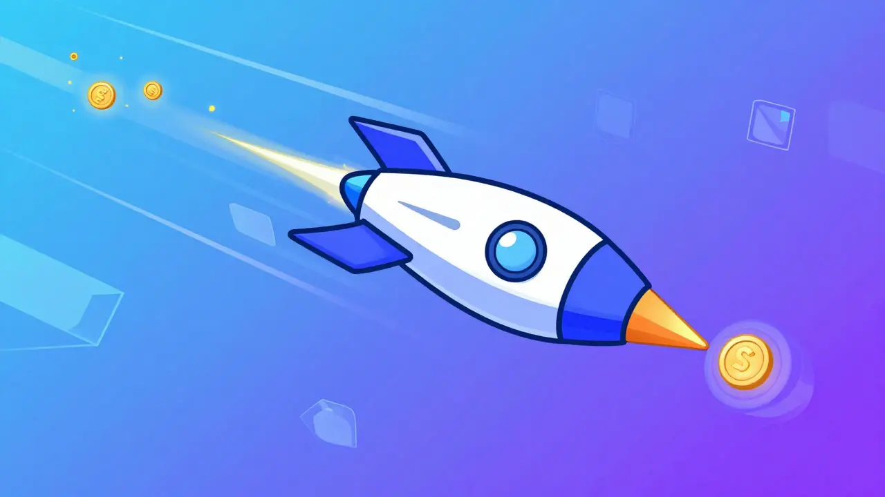 Stylized UPA illustration of a rocket speeding through a digital network