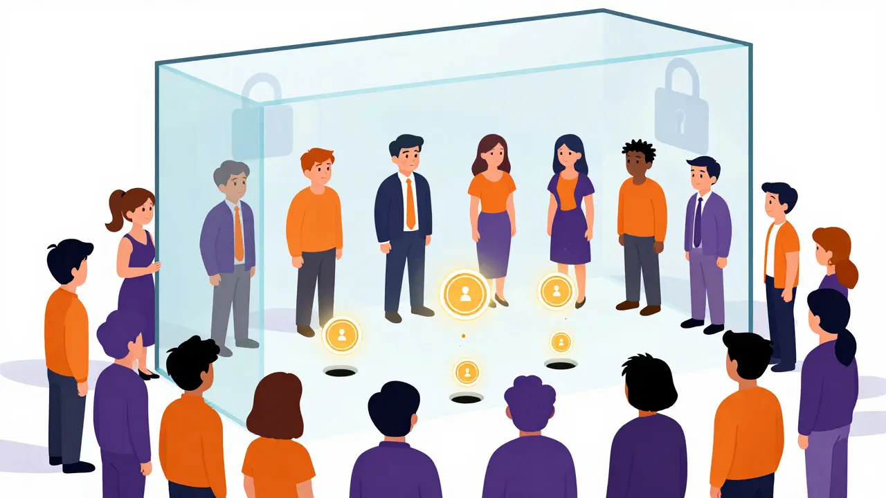 Tokens slowly releasing from a locked vault to investors, illustrating controlled supply in crypto.