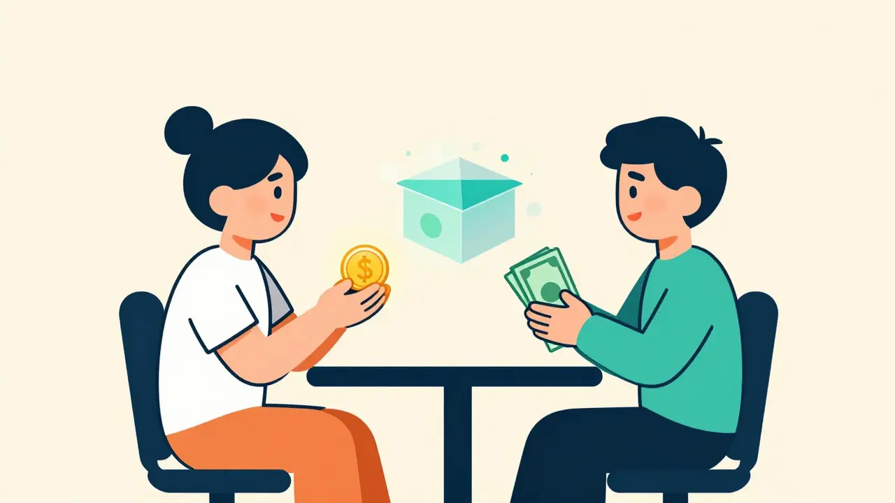 Two cartoon figures exchanging assets through a floating escrow box in UPA style