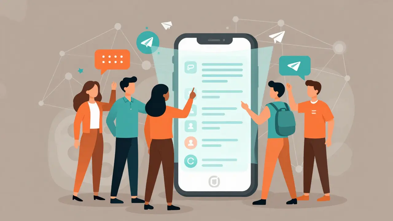 UPA style illustration of people interacting with a large phone projecting social media icons