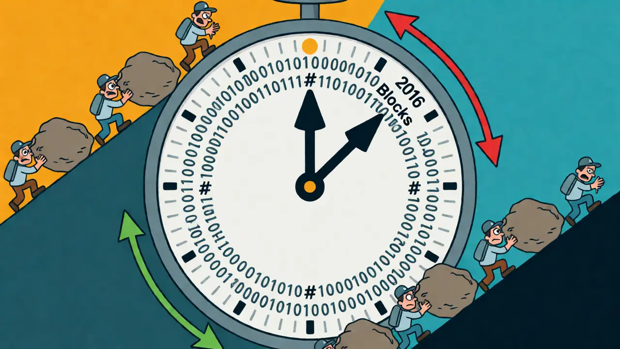 Abstract cartoon clock illustrating the two-week Bitcoin difficulty adjustment cycle.