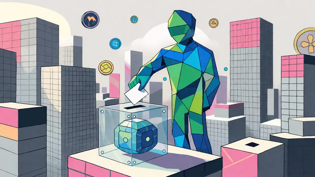 Abstract figure casting a vote into a hexagonal smart contract ballot box.