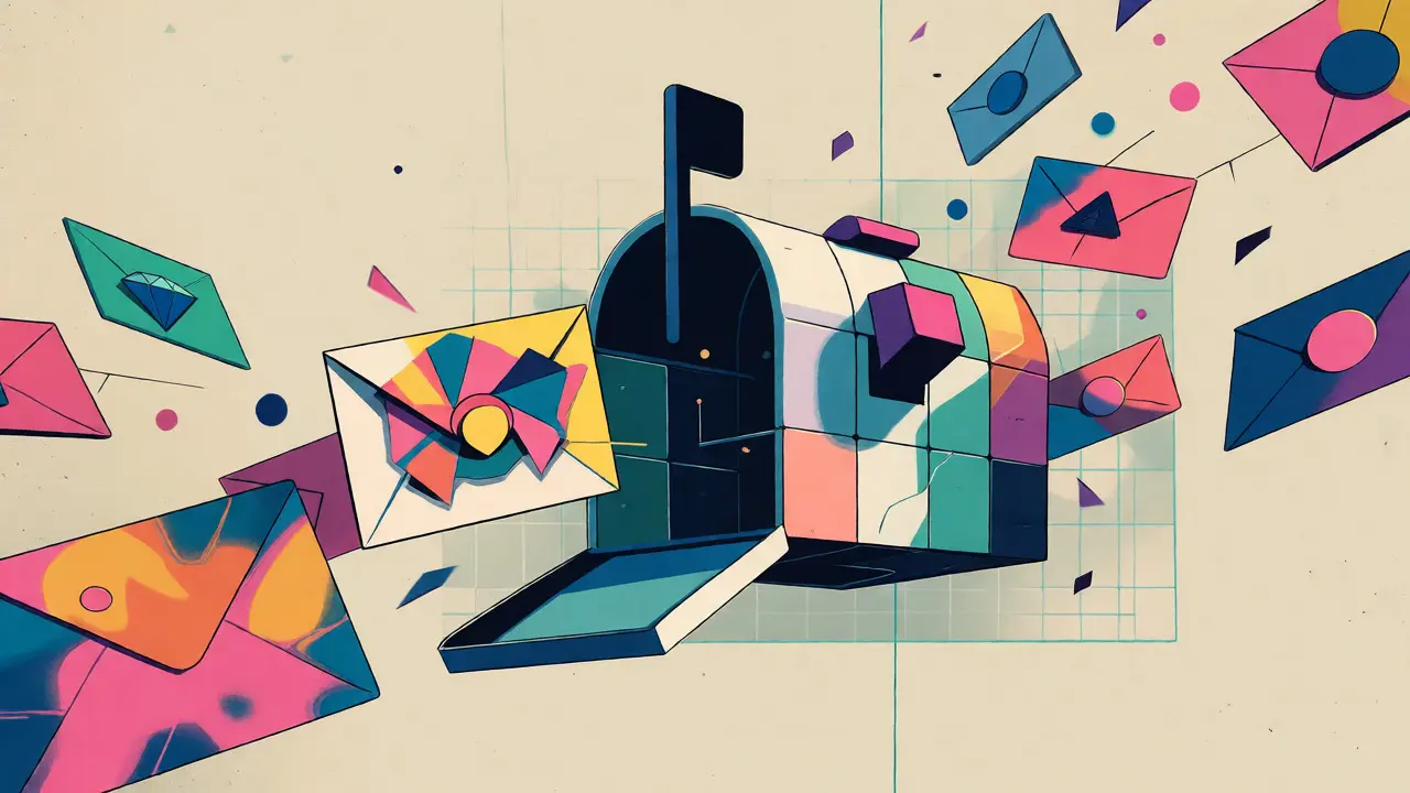Abstract illustration of a unified inbox receiving messages from various blockchain sources.