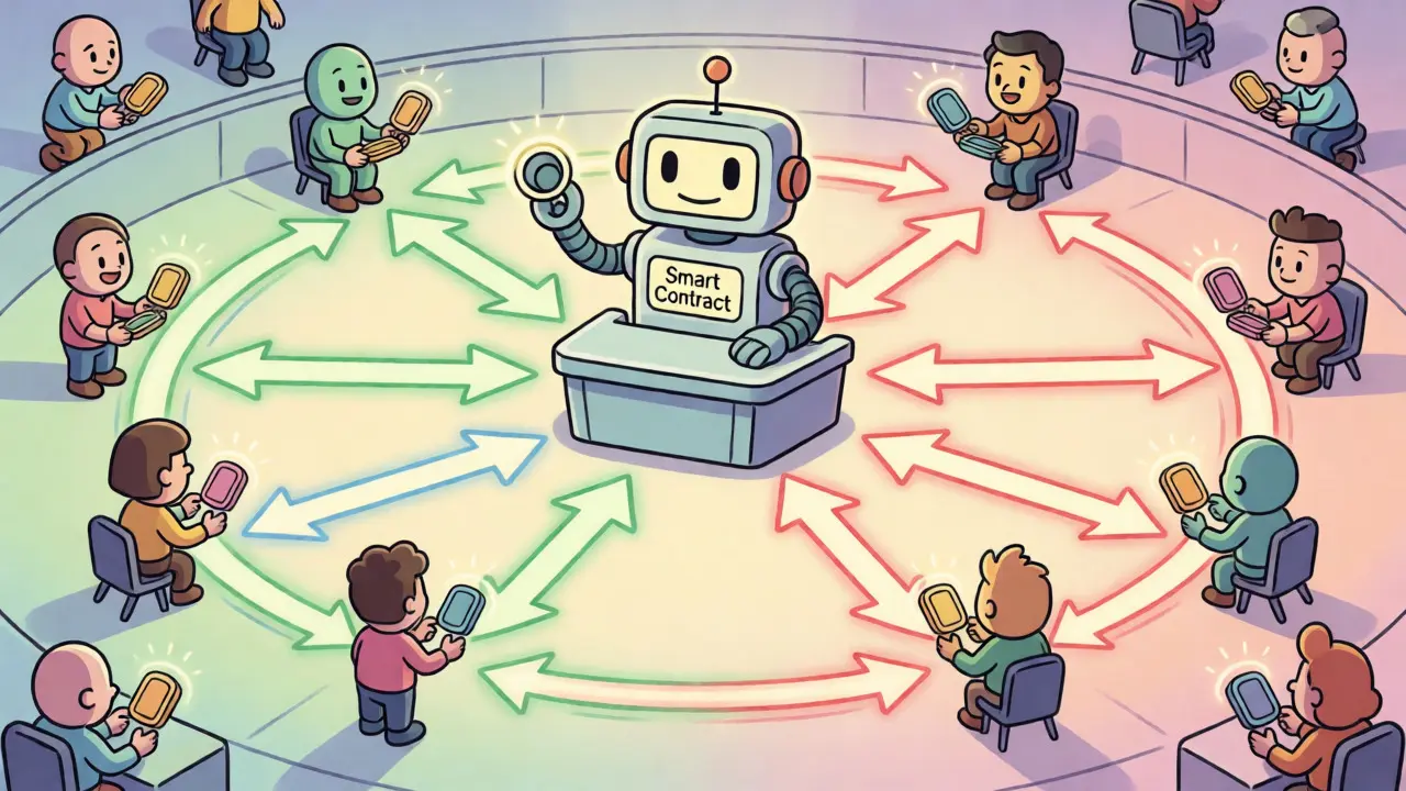 Abstract UPA illustration of players trading tokens around a central smart contract mechanism in a game economy.