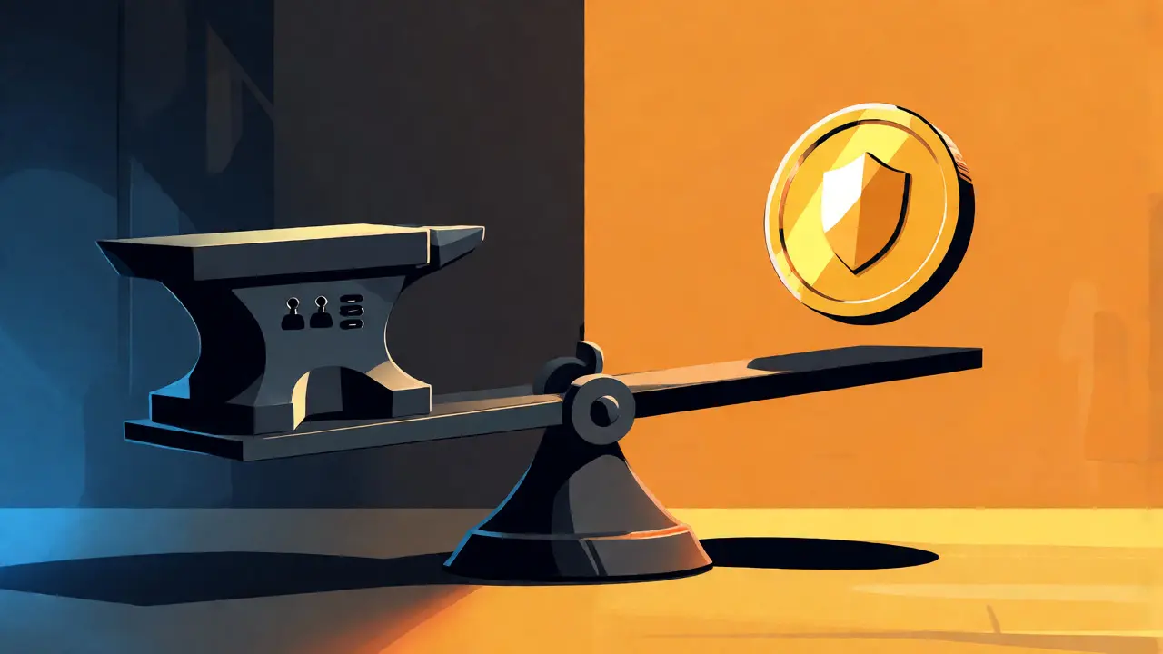 Balance scale weighing risk against utility token value in a split-color scene.