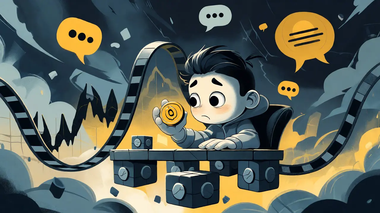 Cartoon character navigating a volatile market chart surrounded by competing app icons.