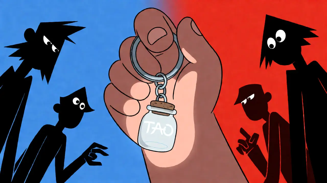 Cartoon depicting a single hand holding keys to a fragile jar, symbolizing centralized risk.