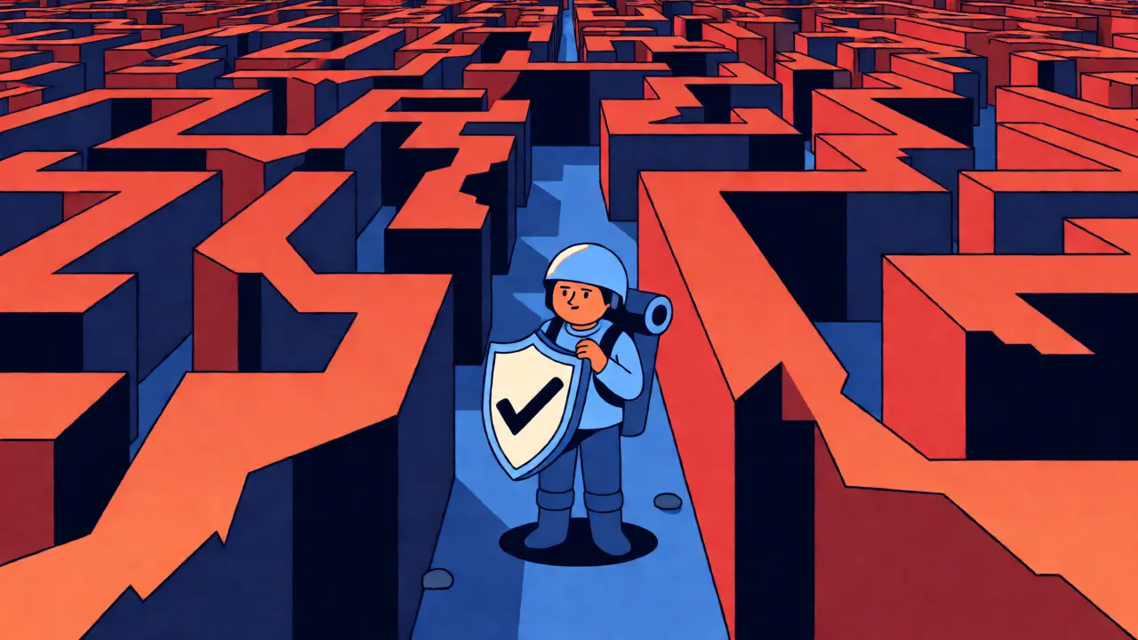 Cartoon explorer navigating a maze of risks with a verification shield