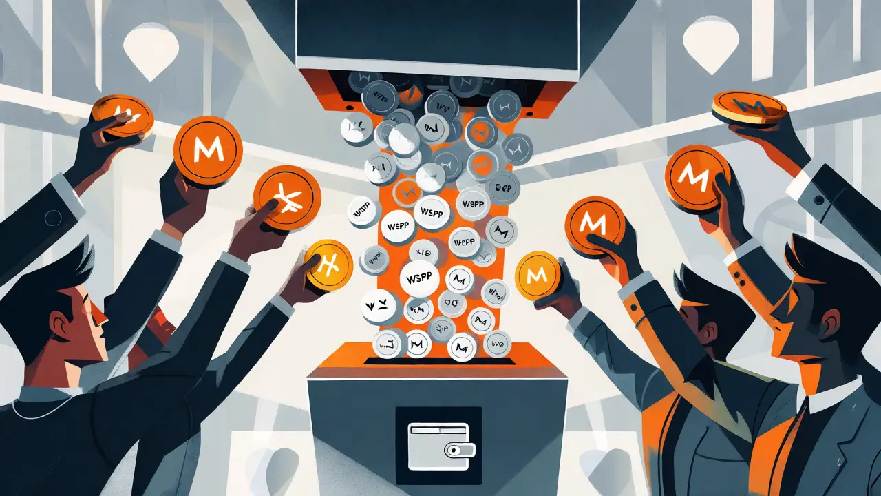 Cartoon figures voting with tokens triggering an airdrop of WSPP coins