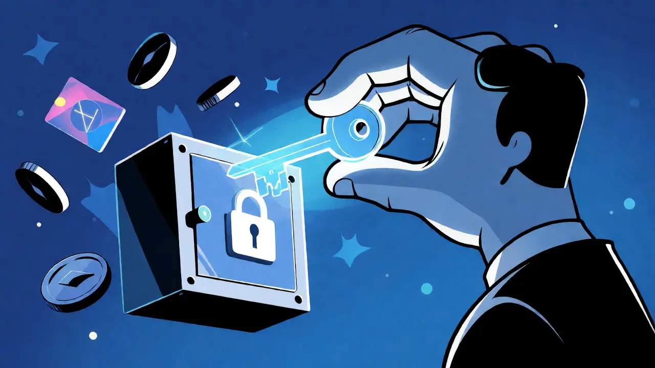 Cartoon hand holding a glowing key over a secure vault, symbolizing non-custodial asset control.